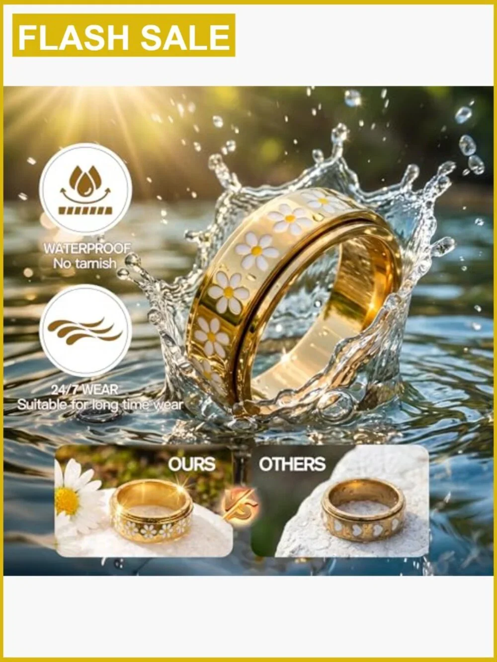 Daisy Fidget Ring Anxiety Relief Spinner Band 18K Gold Plated Stainless Steel